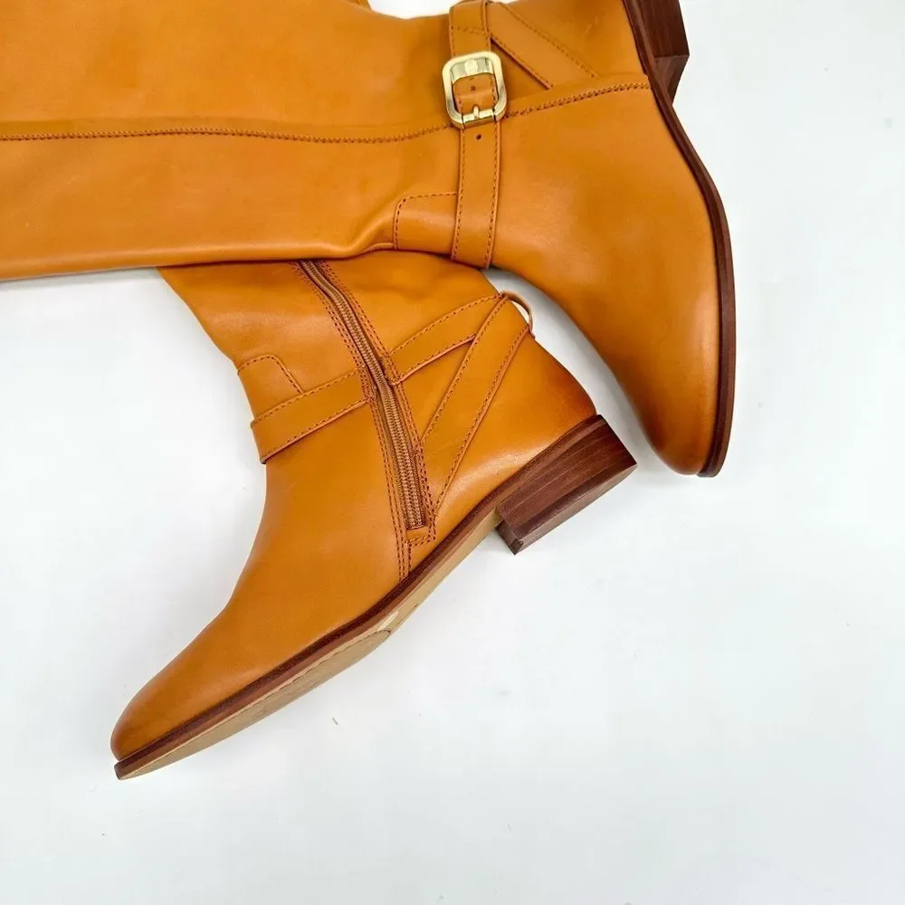 VINCE CAMUTO  Buckle Accent Ovarlym Round Toe Block Heel Leather Riding Boot